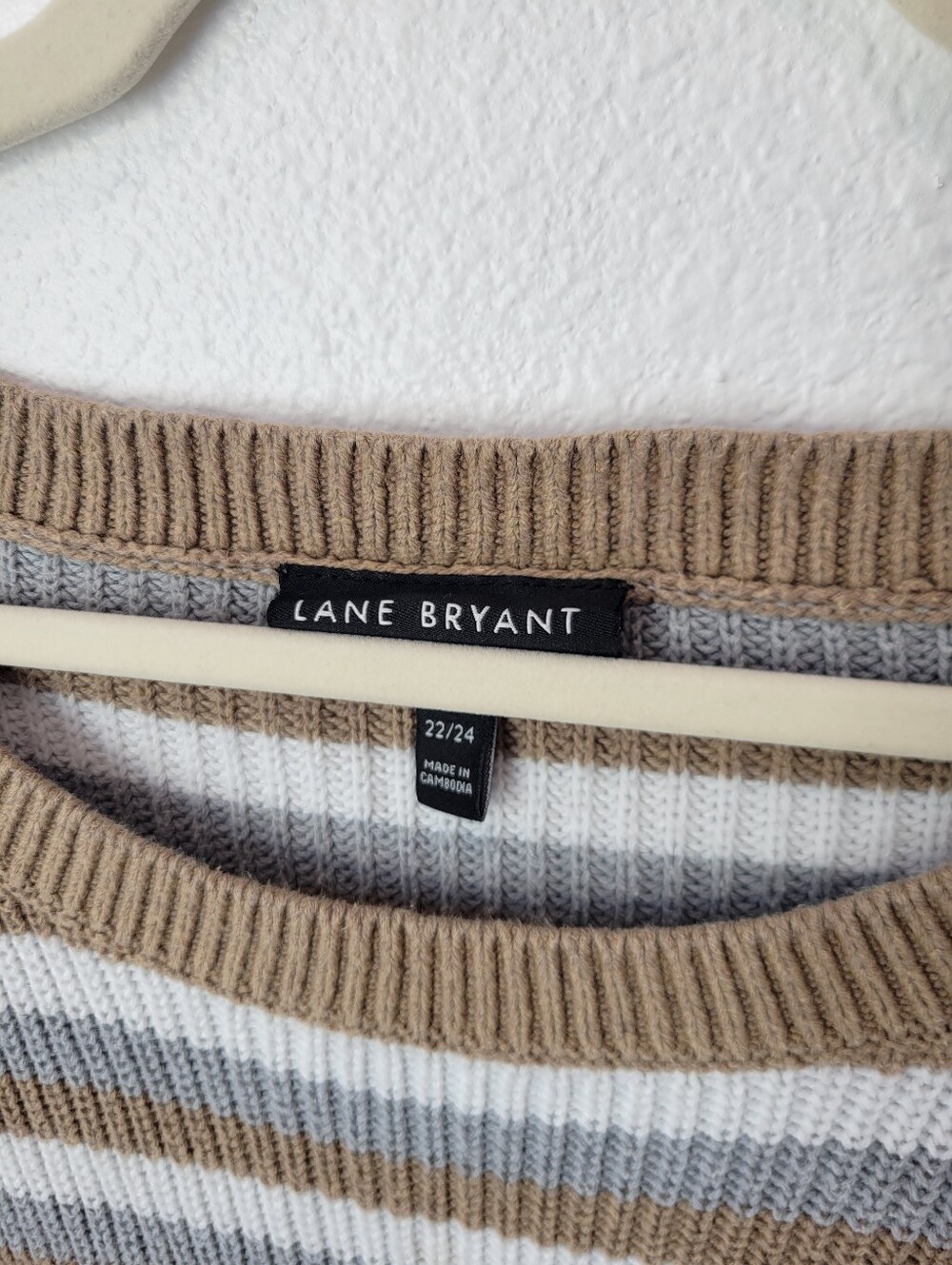 Lane Bryant Womens 22/24 Striped Crewneck Sweater Gray Tan White Loose Fit - Picture 2 of 5